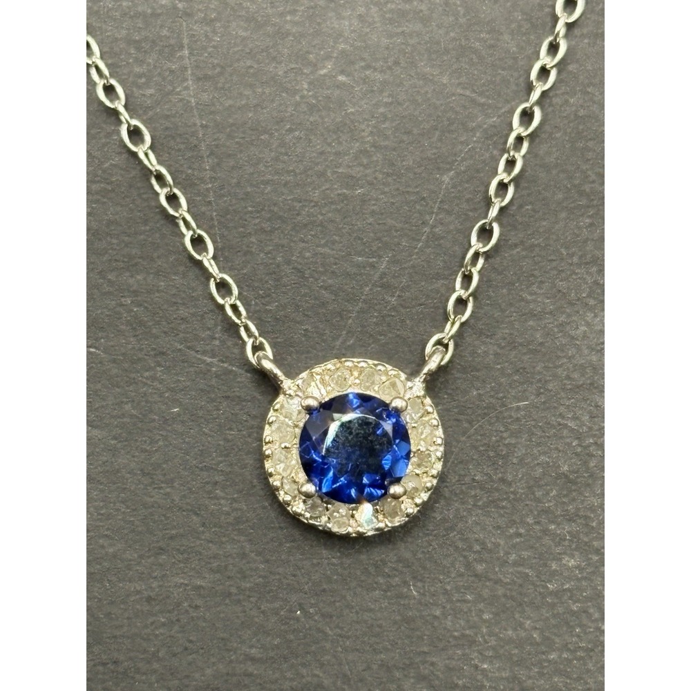 EUC 18" Sterling Silver Blue Cubic Zirconia Pendant Necklace 925 H5